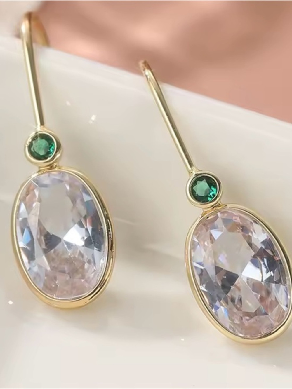 New 14K Gold Earrings With Crystal Stone and Emerald Accent Stone